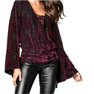 Venus Velvet Burnout Floral Lace-Up Top - Burgundy/Black - Size L